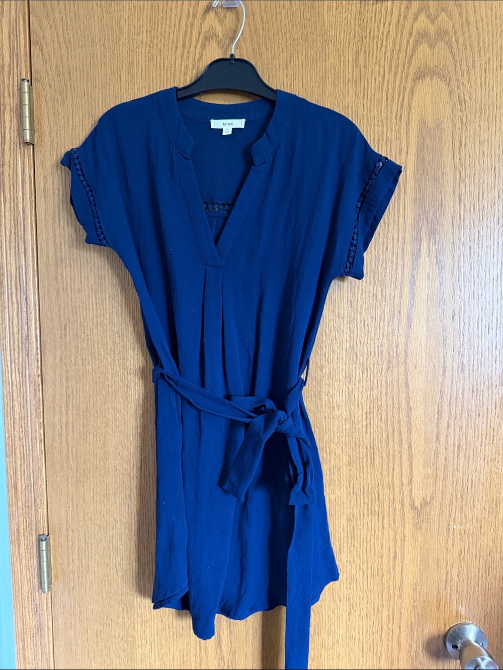 Renee C. Navy V-Neck Tie-Waist dress with Sleeve Trim